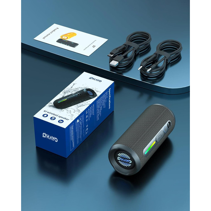 Портативна Bluetooth колонка OHAYO 24W з RGB підсвічуванням, басами, IPX7, 30 годин роботи, мікрофоном, для відпочинку на природі (чорна)