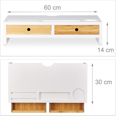 Підставка для монітора Relaxdays з бамбука, підставка під екран з 2 шухлядами та відділеннями, білий/натуральний, 60 x 30 x 14 см