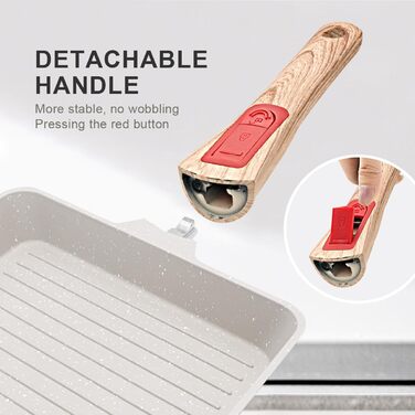 Сковорода-гриль AIKENBBKK 24x24 см з знімним ручками, антипригарне покриття, для стейків, сумісна з духовкою, миється в посудомийній машині (біла)