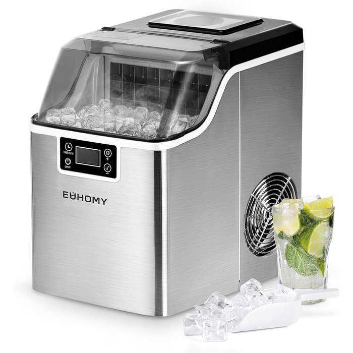 Машина для приготування льоду EUHOMY з нержавіючої сталі, 24 кубики за 13 хвилин, 24 кг/24 год, самоочисна, 3.2 л, з лопаткою та кошиком для дому/кухні/офісу/бару/RV, срібна