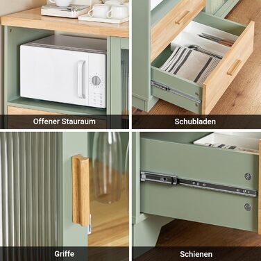 Буфет-комод SoBuy з скляними дверцятами, шухлядами та робочою поверхнею 120 см, нішею для мікрохвильової печі та полицею для вина. Кухняні меблі для вітальні та їдальні. Колір: зелений, розмір: 120x90x40 см