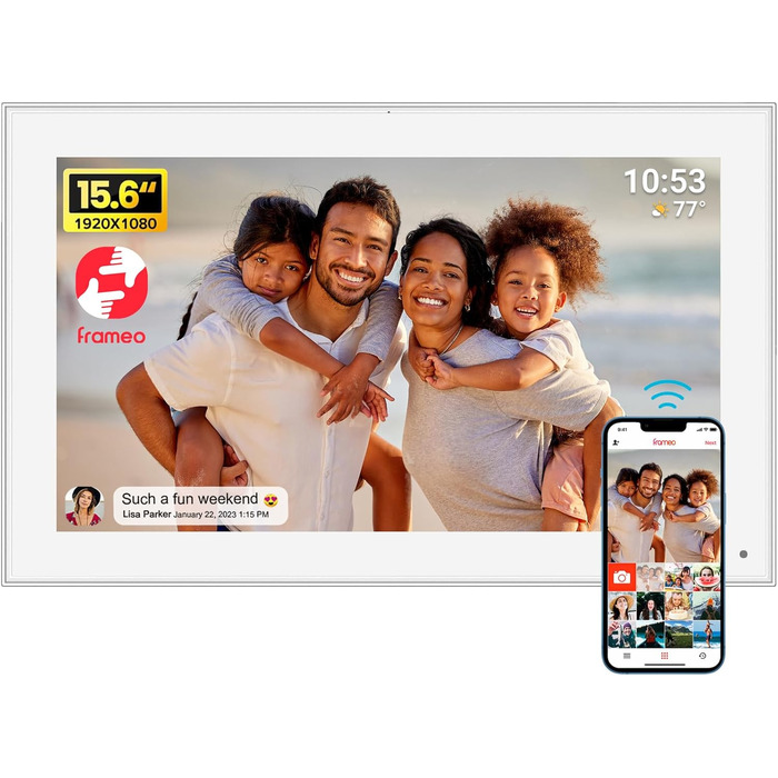 Цифровий фоторамка FRAMEO з Wi-Fi, 32 ГБ, 10,1 дюйма, IPS LCD, сенсорний екран, Smart Cloud, автоматичне обертання, підключення до Frameo App (15,6 дюйми, білий)