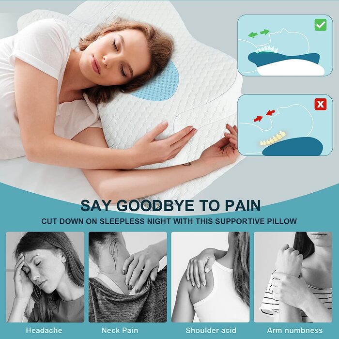 Ортопедична подушка GOXIFACA з Memory Foam, для шиї та спини, для тих, хто спить на боці, покращує якість сну, 60*35*10/12 см, блакитна