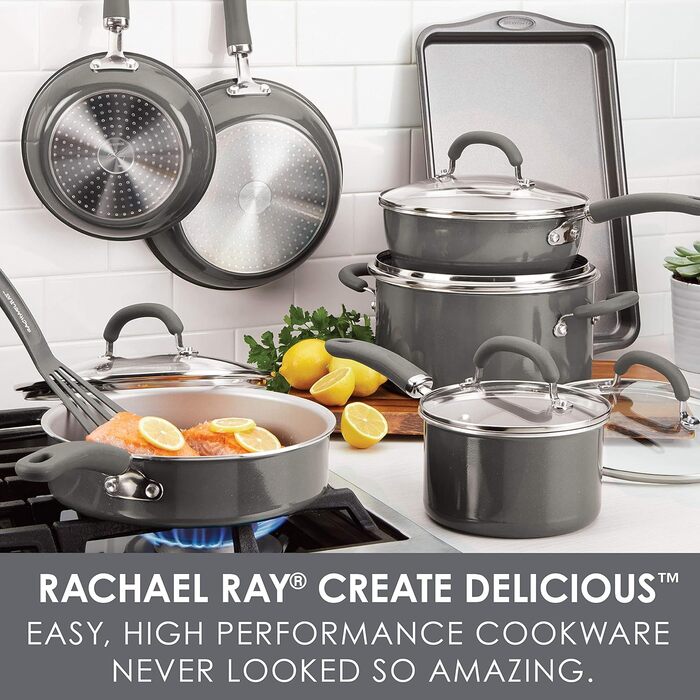 Набір посуду Rachael Ray Create Delicious з антипригарним покриттям (13 предметів), сірий