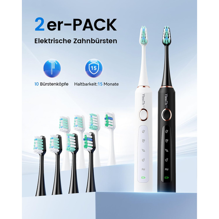 Електрична зубна щітка для дорослих та дітей - звукова, 8 насадок (3 типи), 90 днів роботи, 5 режимів, 50000 VPM, кейс для подорожей, таймер (Чорний + Білий)