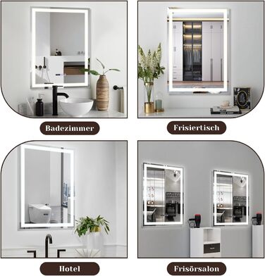 Дзеркало для ванної кімнати Mursche з підсвічуванням LED, 50x70 см, IP44, сенсорний вимикач, годинник, протитуманна функція, регулювання яскравості, 3000K-6500K, прямокутна форма