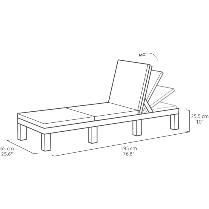 Шезлонг Daytona Deluxe Allibert Keter для саду, тераси та балкону, сірий, з регульованою спинкою, з подушкою, пластиковий, імітація ротангу, 195x65x25,5 см