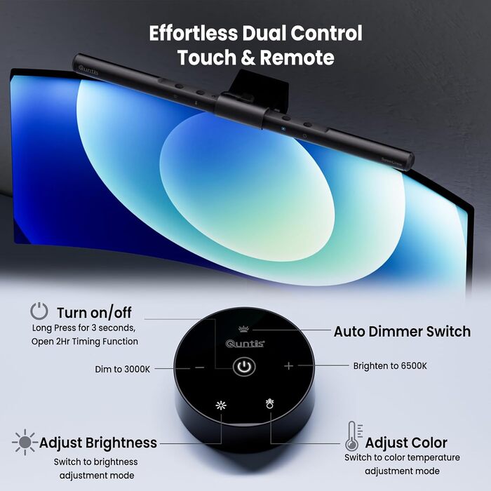 LED лампа для монітора Quntis з дистанційним керуванням та сенсорним управлінням, 40 см, захист від синього світла, USB, автоматичне регулювання яскравості, для ПК, офісу