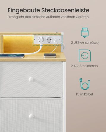 SONGMICS Комод з 9 висувними ящиками та LED-підсвічуванням, з розеткою, сталевий каркас, 33,5 x 114 x 84 см, для спальні/вітальні, білий, LTS519W02