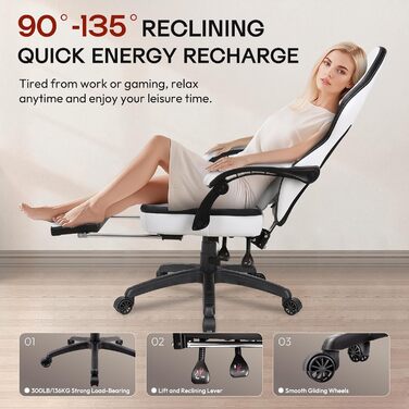 Ігровий крісло Dowinx з дихаючого PU-шкіри, з підніжкою, масажем, підтримкою попереку, велике та високе, ергономічне, з кишеньковим пружинним подушками, для дорослих та підлітків (Чорний та Золотий)