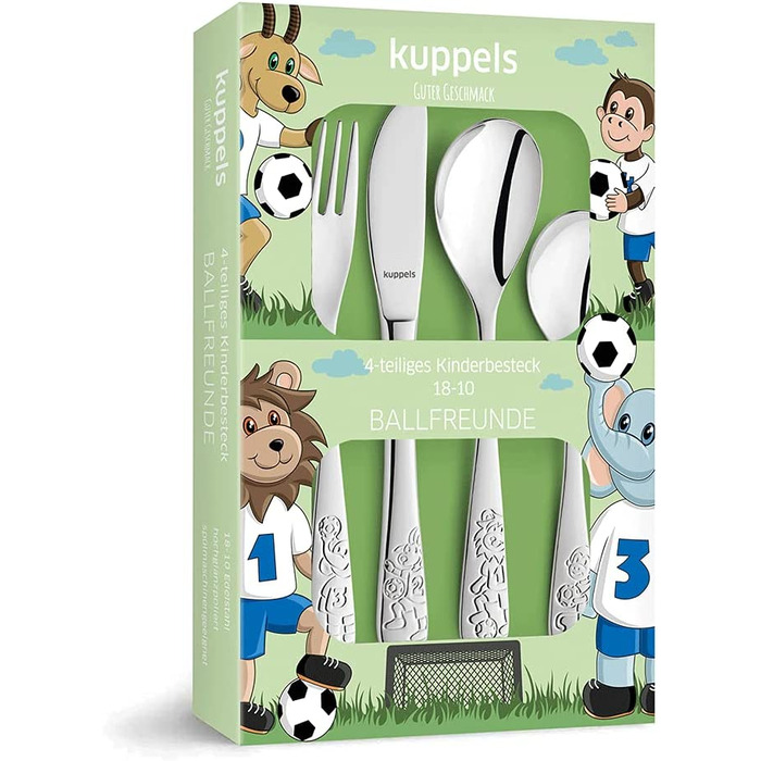 Набір дитячого столового прибору Kinderbesteck з гравіюванням 'BALLFREUNDE', 4 шт. з іменем, з нержавіючої сталі