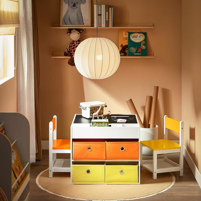 Дитячий стіл SoBuy з 2 стільцями: комплект меблів для дитячої кімнати з місцем для зберігання, ігровий та активний стіл, білий 87x50x50 см (з дошкою для малювання)