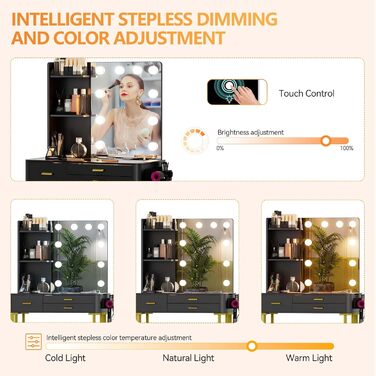 Трюмо Lvifur з дзеркалом у стилі Голлівуд, 10 регульованих лампочок, пуф, ящик, станція зарядки, USB-порт, чорний колір