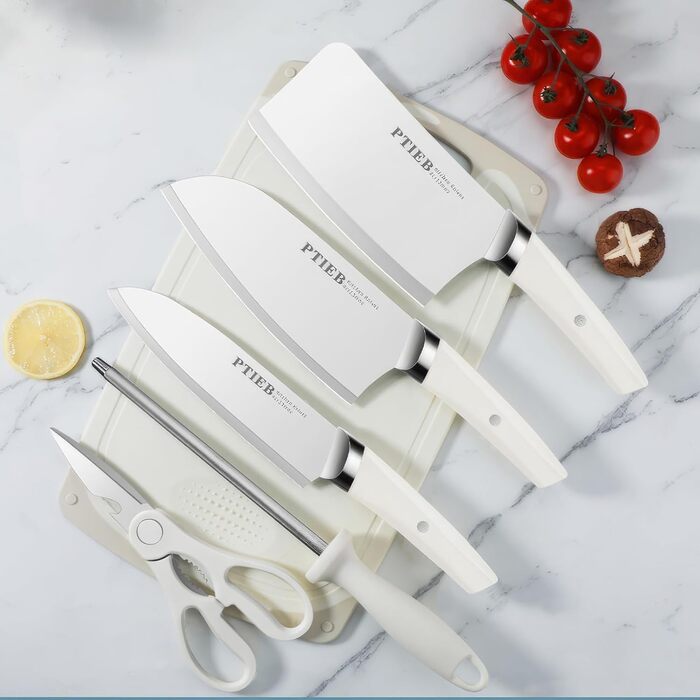 Набір кухонних ножів 7 предметів: сталеві ножі з підставкою, антикорозійні, антипригарні, гострі. З дощечкою та ножицями