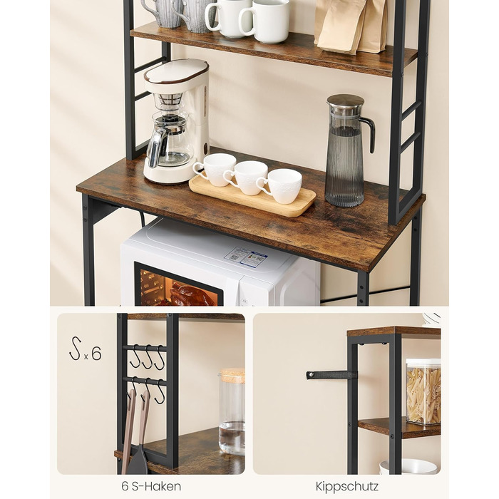 Стелаж кухонний VASAGLE з розетками, 6 полиць, гачки, сталевий каркас, 40 x 80 x 167 см, вінтажний коричневий + чорний, KKS119K06 80B cm