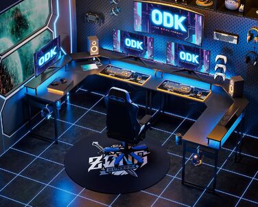 Ігровий стіл ODK 129x129 см з LED підсвічуванням, 2 розетки та USB зарядкою, стіл для ПК, комп'ютерний стіл, колір: чорний вуглеволокно