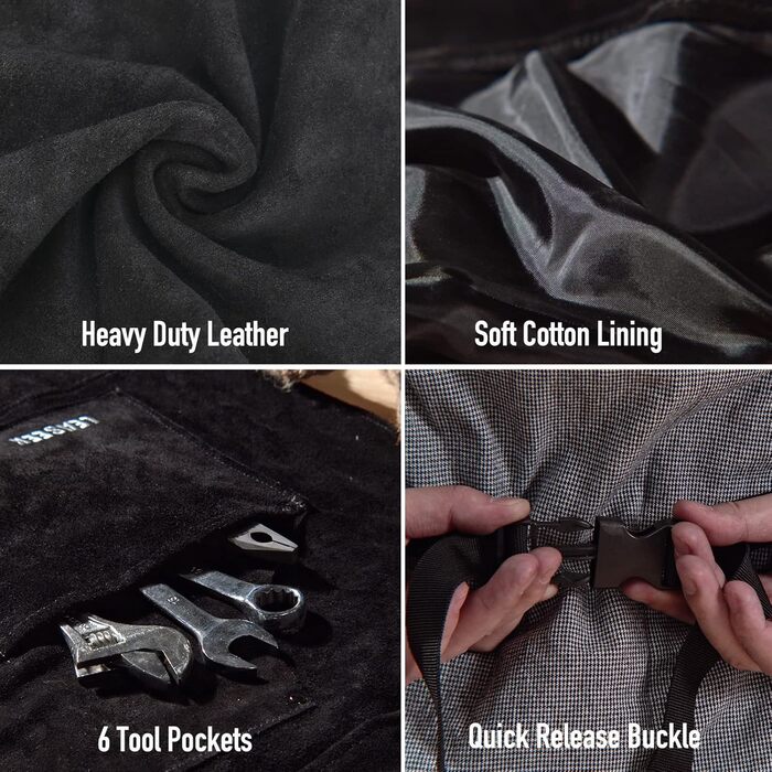 Фартух з шкіри для зварювальників LeaSeek, термостійкий та вогнестійкий, 6 кишень, 42' x 36' з рукавичками