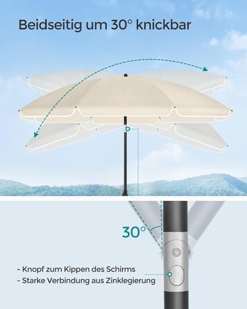 Пляжна парасоля SONGMICS 160 см, захист від сонця UPF 50+, регульована висота, нахил 30°, з чохлом, для балкона, саду, тераси, пляжу, без основи, бежевий