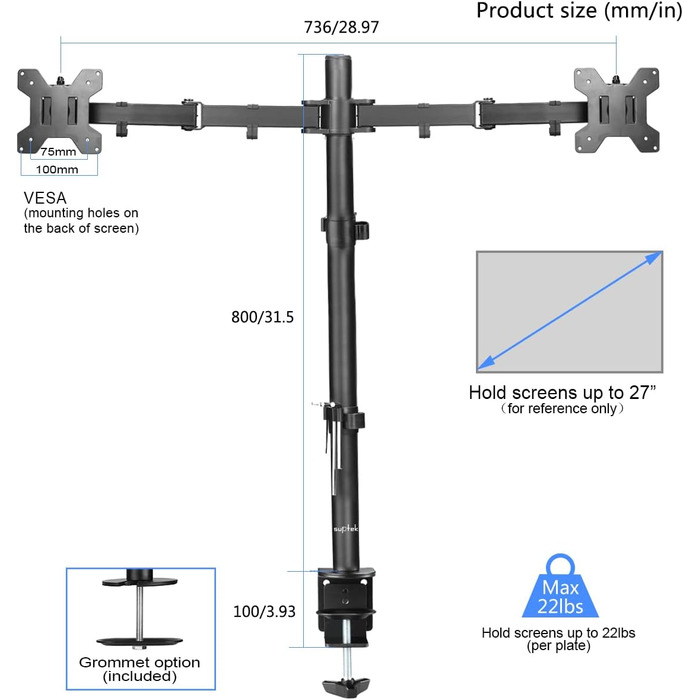 Тримач для монітора на стіл для 2 моніторів, регульована висота 80 см, чорний, MD6842