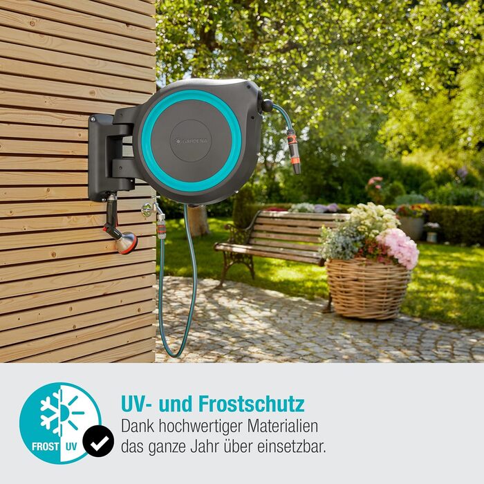 Шланг садовий Gardena RollUp XL (блакитний) 35 м: гнучкий полив для великих садів, поворотна коробка для шланга, з шлангом Gardena 35 м та монтажними аксесуарами (18630-20)