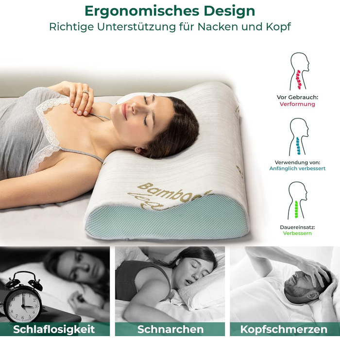 Ортопедична подушка для шиї Flowen з Memory Foam, бамбуковим чохлом та ефектом алое, для сну та підтримки шиї, зняття болю