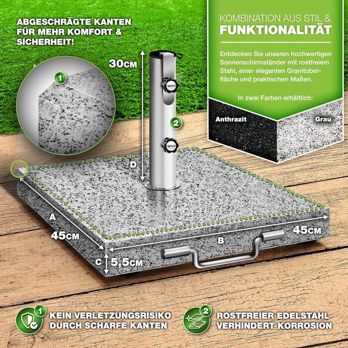 Підставка для парасольки Tillvex® Granit з роликами та ручкою для транспортування, 27 кг, кутова | Підставка для парасольки з нержавіючою сталею | Підставка для парасольки на балкон, сумісна з держателями 16-48 мм та парасольками діаметром 250 см, кутова,