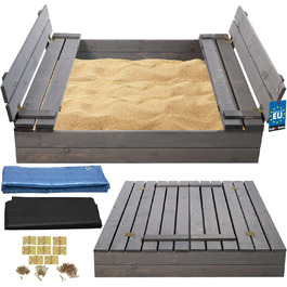 Пісочниця KOTARBAU® з кришкою, 120x120 см, дерево, сіра, з лавками