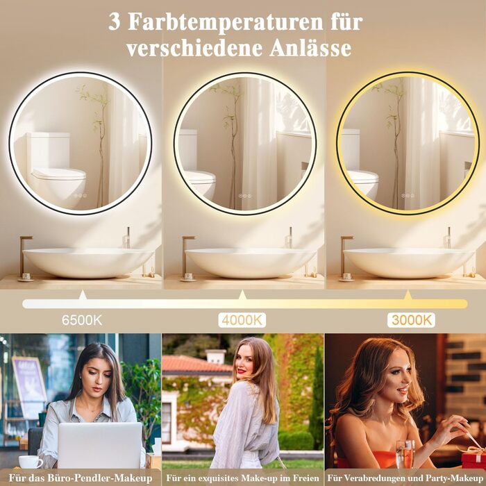 Дзеркало для ванної кімнати з підсвічуванням LED, кругле, 50 см, сенсорне керування, регулювання яскравості, функція пам'яті, захисне скло HD, захист від вибуху, Bluetooth, антизапар, металевий каркас, 60x60 см