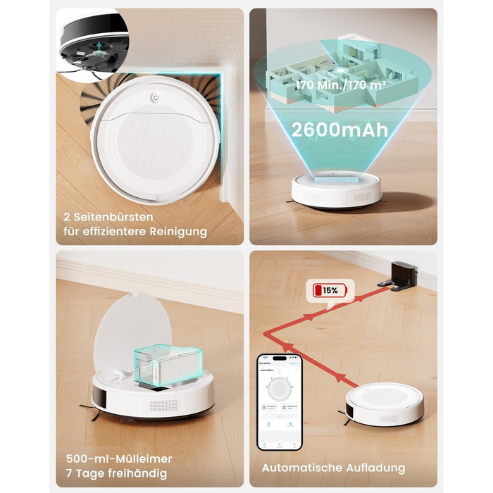 Робот-пилосос LEFANT M310 Ultra: потужність 6000Pa, функція миття, лазерна навігація ToF, уникнення перешкод, керування через додаток та Alexa, захист від заплутування шерсті тварин, для килимів, білий