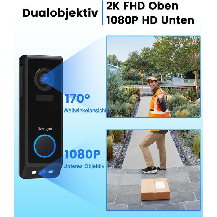 Відеодзвінок Bextgoo з подвійною камерою 2K HD, бездротовий, 10000mAh, IP67, з датчиком руху та нічним баченням