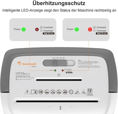 Шредер Bonsaii P4, 12 аркушів, 21 л, знищення карт/CD/скріпок, для офісу та дому