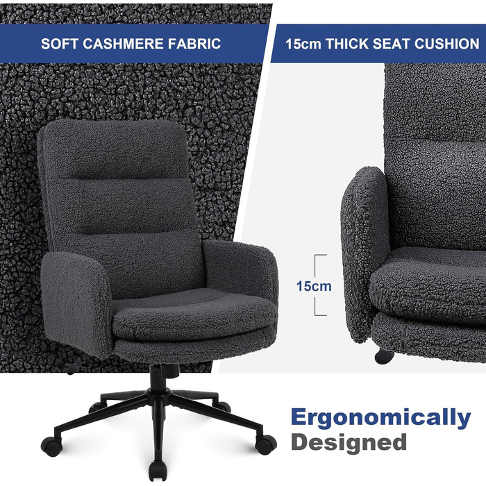 Крісло для роботи Youhauchair з кашеміру, ергономічне офісне крісло з високою спинкою, зручне крісло для туалету, обертове крісло для столу з регульованою висотою, кашемір, висока спинка (темно-сірий)