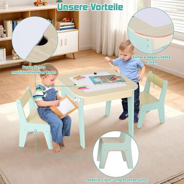 Дитячий стіл і стільці Clevich: комплект для дитячої кімнати з місцем для зберігання, 2 стільці, двосторонній стіл для малювання та будівельна пластина, зелений