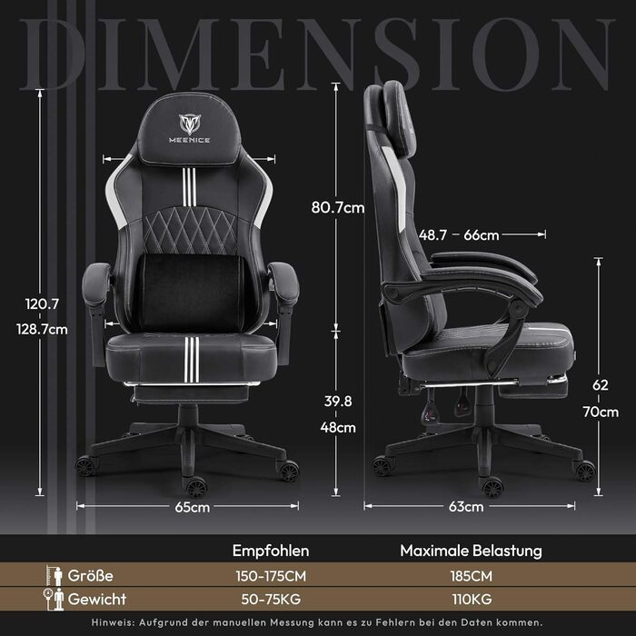 Ігрове крісло MEENICE з кишеньковою пружинною подушкою, охолоджуючий гель, масаж, підставка для ніг, ергономічний, чорно-білий, шкіра