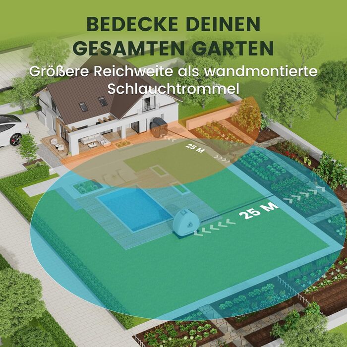 Тросовий барабан для садового шланга Giraffe Tools 25 м з висувною конструкцією, міцною основою, 7-функціональною насадкою та 360° поворотним кріпленням