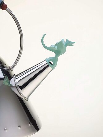 Чайник Alessi Rex Tea 9093REX - нержавіюча сталь 18/10, полірована, з ручкою та мідним свистком у формі доісторичної рептилії (блакитний, зелений)