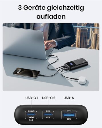 Портативний зарядний акумулятор INIU, 100W, 25000mAh, USB-C, для ноутбуків, телефонів, iPad, DJI, камер, iPhone, MacBook, Surface, Fire TV Stick, 25000 мАг, чорний