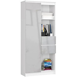 Офісна книжкова шафа AKORD CLP 80 см 7 полиць 2 шухляди та дверцята для документів Книги для спальні шафа Шафа для вітальні Ламінована дошка 16 мм Колір Білий (Wit / Hoogglans Metallic)