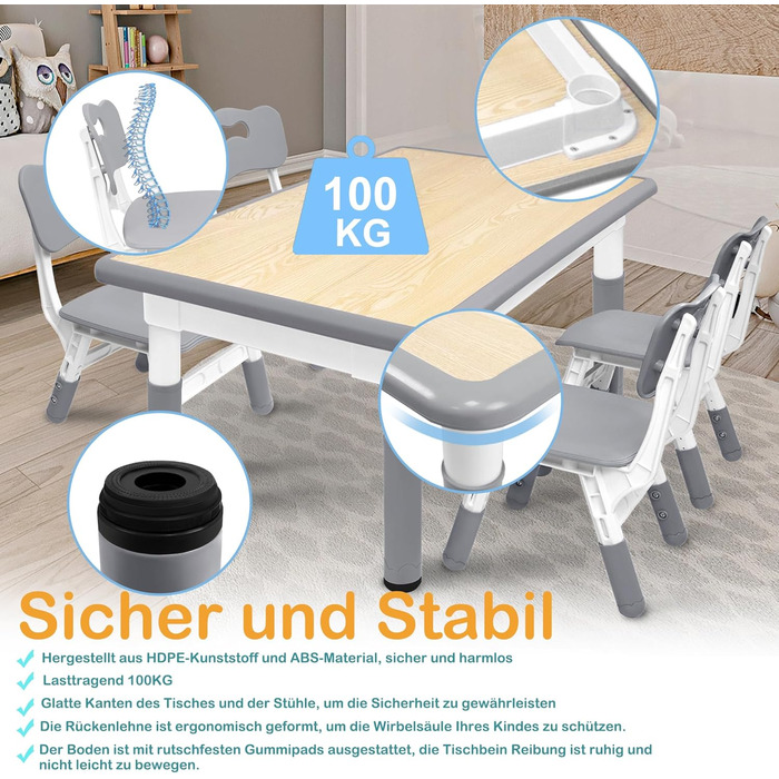 Дитячий стіл з 4 стільцями AufuN, регульована висота, комплект для дитячої кімнати, садка, класу. Легко миється, пластикові меблі (сірий)