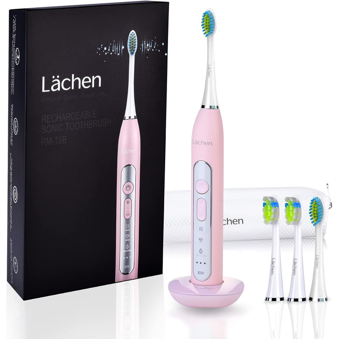 Електрична зубна щітка Lächen Sonic з 4 насадки, таймер, 3 режими та 3 інтенсивності, дорожній футляр (C-рожевий)