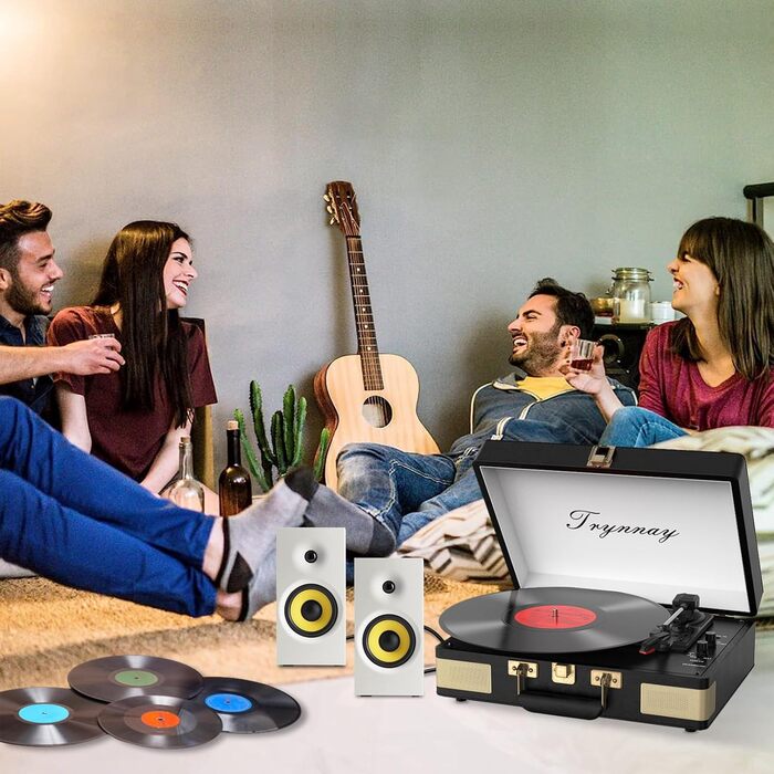 Вініловий програвач Trynnay 3-швидкісний, Bluetooth, портативний у кейсі, з вбудованими динаміками, покриття з PU-шкіри, ретро чорний