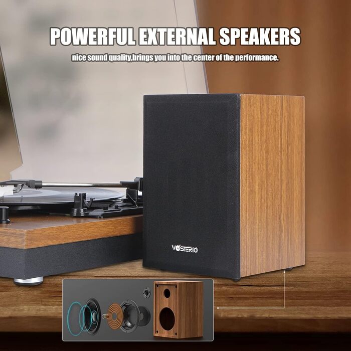 Вініловий програвач VOSTERIO з Bluetooth, зовнішніми HiFi стерео динаміками 2×15 Вт, 3 швидкості 33/45/78 об/хв, Aux-in, горіх