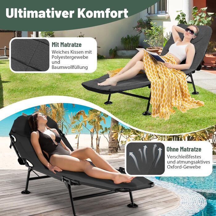 Складане ліжко для риболовлі та кемпінгу GOPLUS, посилене (до 200 кг), з регульованою спинкою (6 позицій) та спеціальними опорами для м'якого ґрунту, сіре