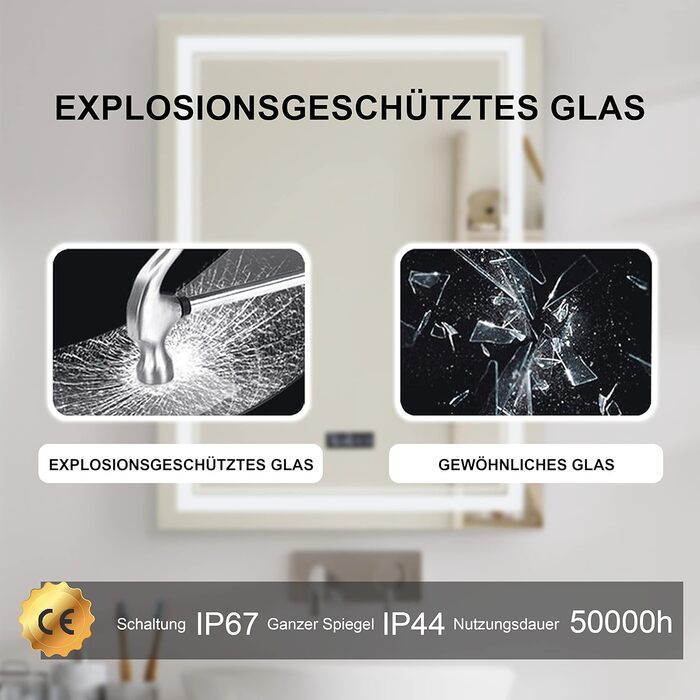 Дзеркало для ванної кімнати Puchika з підсвічуванням LED, 50x70 см, настінне, диммер, 3 кольори світла (3000-6400K), IP44, A+, сенсорне керування, антизапар