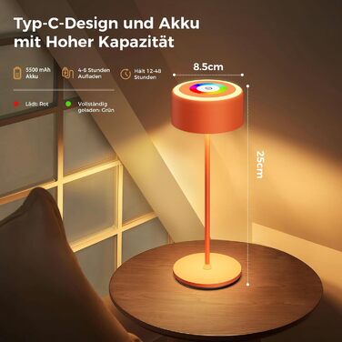 Бездротова LED-лампа TYEE на акумуляторі з регулюванням яскравості, 3000-6000K+RGB, USB-C, водонепроникна IP54, алюміній, для дому та вулиці (Оранжева)