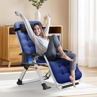 Лежак для відпочинку MOPHOTO Zero Gravity, розкладний, 200 кг, з подушкою та кишенею, для саду, балкону, тераси (Блакитний)