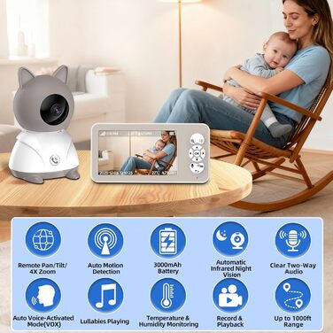 Відеоняня з камерою 2K PTZ: монітор для немовлят з нічним баченням, датчиком руху, лушпаннями, зумом 4x та записом