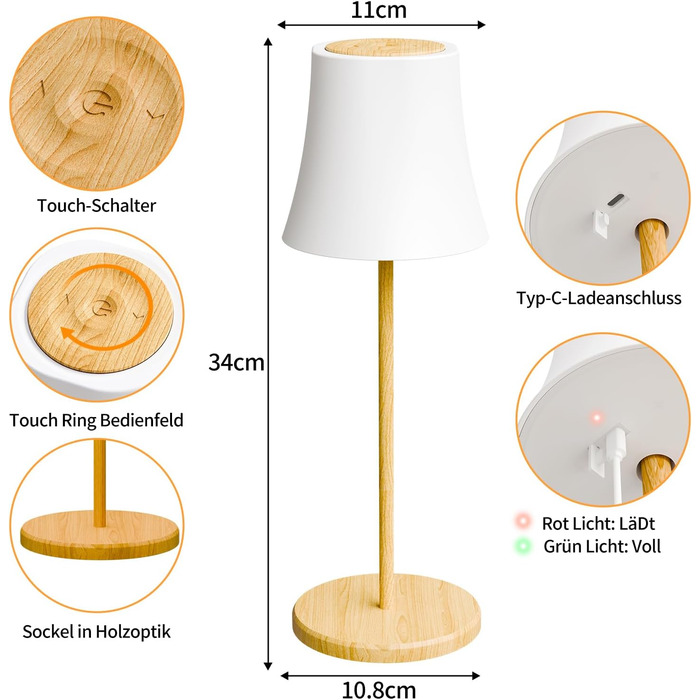 LED настільна лампа Suright бездротова з RGB, сенсорне керування, IP54, для дому та саду