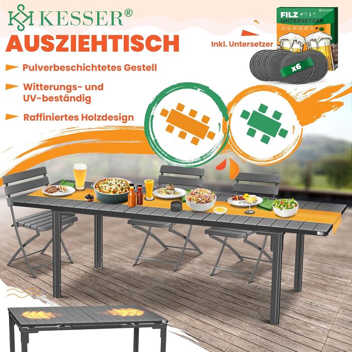 Розсувний садовий стіл KESSER® 180/240x90 см для 8 осіб, з розширенням, сталеве покриття, стільниця HDPE, вологостійкий, UV-стійкий, в комплекті 6 підставок