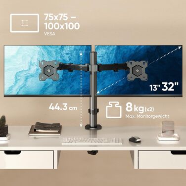 Кріплення для монітора ONKRON D221E-B для 2 моніторів (13-32 дюйми, до 8 кг), регульоване, VESA 75x75-100x100, чорний